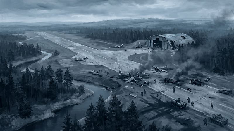 Hostomel airfield from a drone: runway, hangar and pine forest