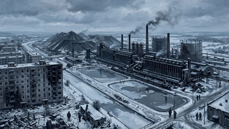 The Avdiivka coke plant, its chimneys, canal and settling ponds