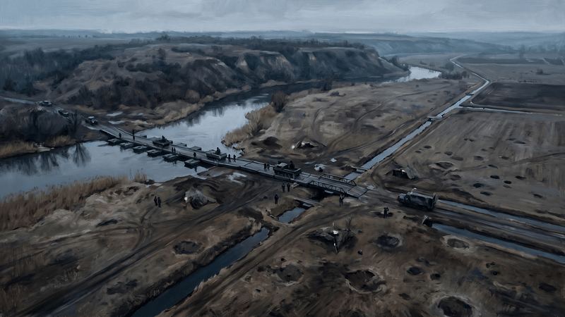 Steppe, canals and a pontoon bridge below bluffs near Kherson
