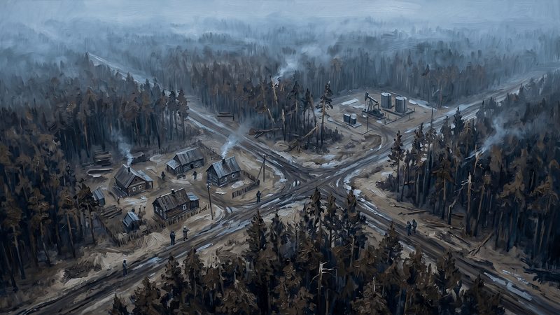 Pine forest, logging roads and a forestry village near Kreminna