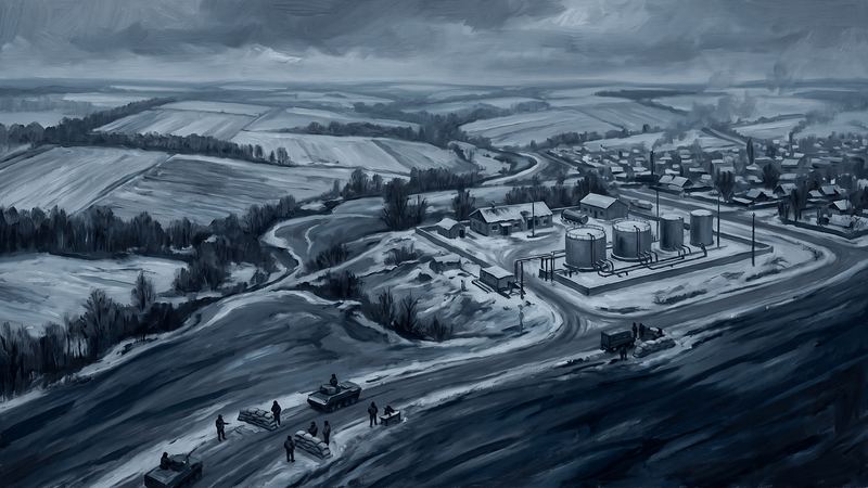 Farmland, tree belts and a gas station near Sudzha
