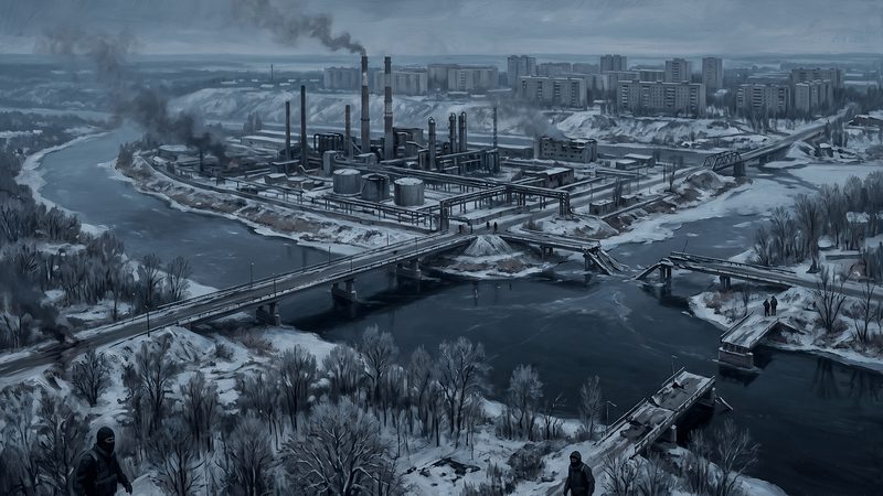 The Azot chemical plant on its river island, Lysychansk on the far bank