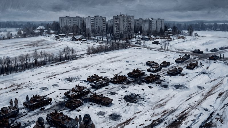Vuhledar's high-rises above snowy fields and a column of burnt-out armor